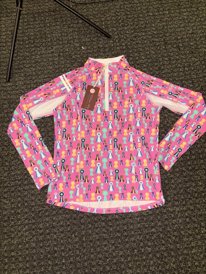 KATHRYN LILY Kathryn Lily Equestrian Ribbon Print Quarter Zip Riding Top Size L NWT