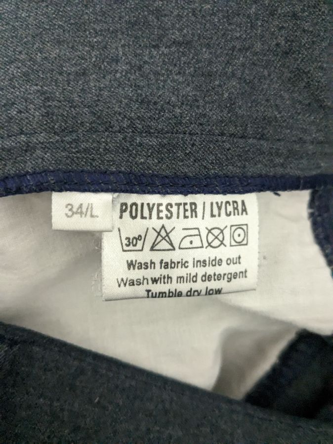Ovation grey/blue side zip breeches, size 34L, no stains/tears!